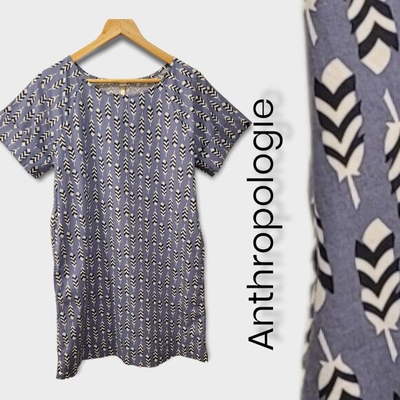 Anthropologie Feather Print Cotton Shift Dress with pockets - Picture 5 of 7